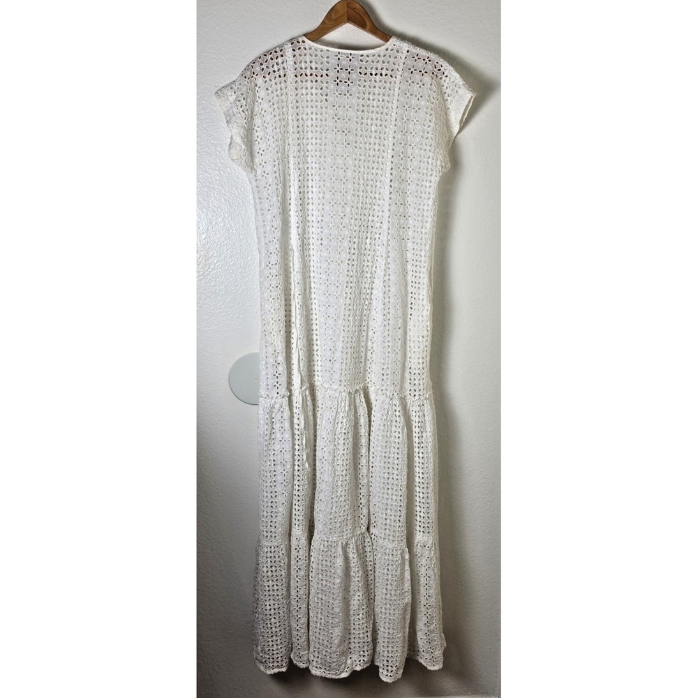 Johnny Was 100% Silk White Eyelet Tiered Maxi Dress No Slip Sz S Beach Coverup - Picture 2 of 12